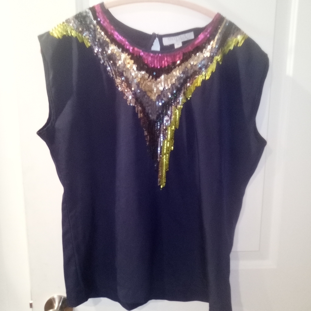 Olive & Oak Blue Sheer Sequin Rainbow Design Short Sleeve Blouse Size Medium